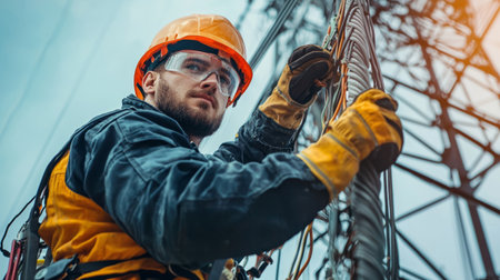 lineman in protective gloves, harness, and a hard hat, climbing a utility pole. Generative AIの素材