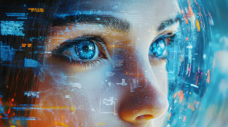 Close-up of a futuristic female AI assistant, holographic display. Generative AIの素材
