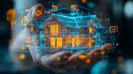 Futuristic 3D holographic model of smart home in human hand, demonstrating advanced technologies. Generative AIの素材