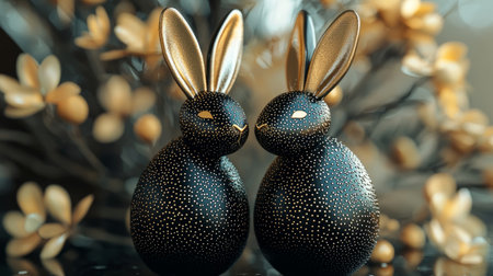 Elegant black and gold Easter eggs with bunny ears, featuring a modern and luxurious design, set against a dark, background. Generative AIの素材
