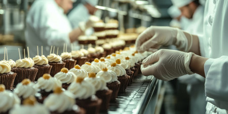 Close-up of pastry chefs assembling sweets in a small confectionery factory. Generative AIの素材