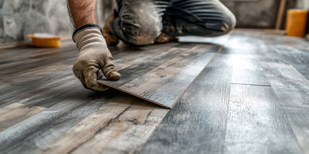 construction worker rolling out vinyl flooring over a wooden floor in a modern home, emphasizing renovation, home improvement, and interior design. Generative AIの素材