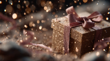 Luxurious gift box with chocolates surrounded by sparkling glitter and ribbons. Generative AIの素材