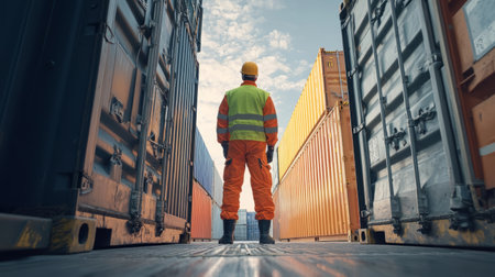 Industrial Workers Handling Cargo at Shipping Yard. Generative AIの素材
