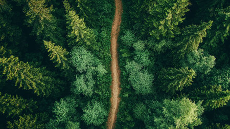 breathtaking aerial view of a pine forest trail, surrounded by lush greenery and towering evergreens. Generative AIの素材