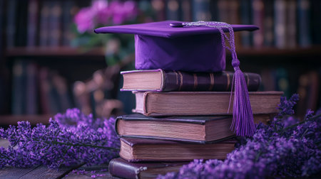 Graduation cap on a stack of books with a mysterious purple glow symbolizing knowledge and academic achievement. Generative AIの素材
