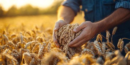 Hands of a farmer harvesting crops in a field, showing the hard work of agriculture. Generative AIの素材
