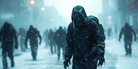 Frozen zombies trudging through a blizzard. Generative AIの素材