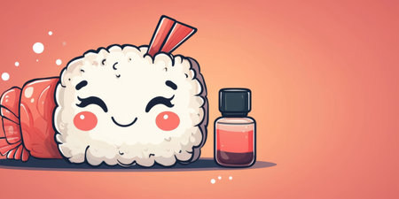 Kawaii sushi roll with blushing cheeks, waving a tiny soy sauce bottle, cute and playful style. Generative AIの素材