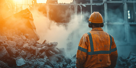demolition crew member wearing ear protection, safety glasses, and heavy-duty gear. Generative AIの素材