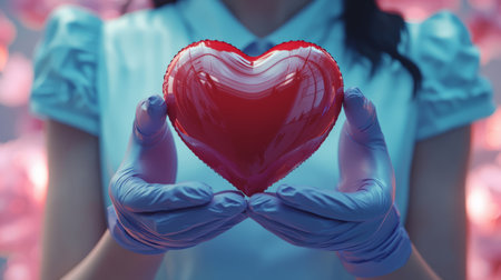 medical professional wearing gloves holds a red heart symbol, representing healthcare, compassion, organ donation, and cardiovascular health. Generative AIの素材