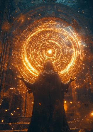 wizard casting a powerful spell, glowing magic energy in hands. Generative AIの素材