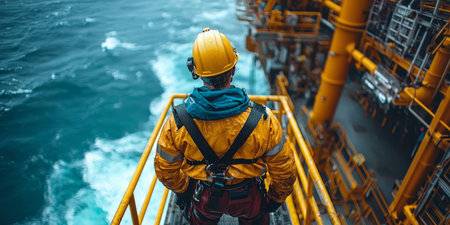 Offshore Oil Rig Workers in Safety Gear. Generative AIの素材