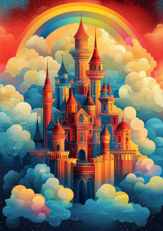 sky world with castles on clouds and rainbow bridges. Generative AIの素材