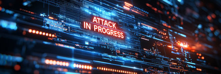 hacked computer system with a bold warning message ATTACK IN PROGRESS on the screen. Generative AIの素材