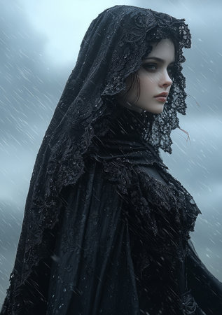 Mysterious gothic woman with flowing black cloak standing under a stormy sky. Generative AIの素材