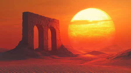 Ancient stone arches rise above golden dunes at sunset. Generative AIの素材