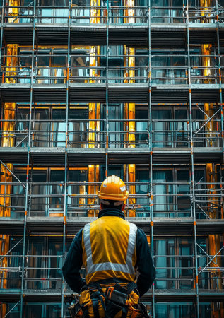 Construction worker securing scaffolding, ensuring site safety protocols. Generative AIの素材