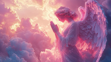 radiant angel with glowing wings prays in a dreamy, celestial sky filled with soft pink and purple clouds. Generative AIの素材