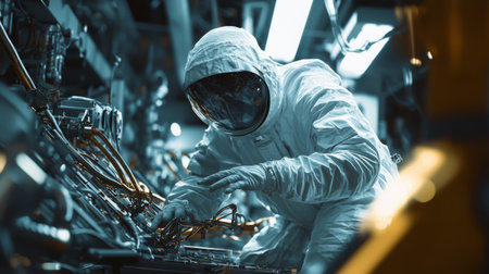 Engineers in protective suits check the ship. Generative AIの素材