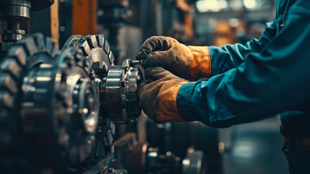 Repairman tightening bolts on an industrial machine, workplace safety gear on. Generative AIの素材
