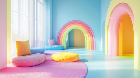 Minimalist colorful playground room with rainbow-themed accents and soft cushions. Generative AIの素材