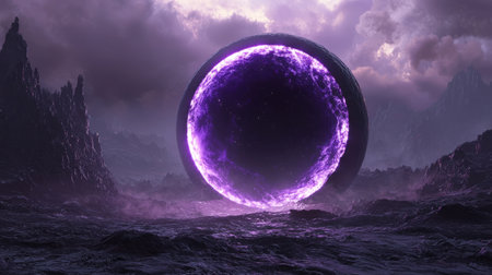 Purple-Black Singularity - A deep purple and black portal with glowing edges, floating above a barren wasteland. Generative AIの素材