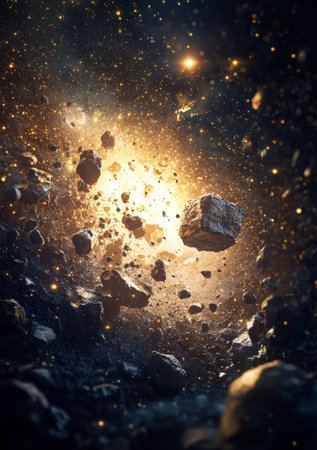 Stunning view of an asteroid belt with massive floating rocks and cosmic dust. Generative AIの素材
