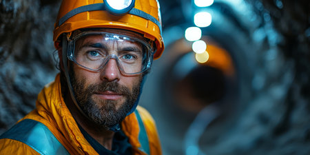 Miner in a helmet with a headlamp, reflective vest. Generative AIの素材