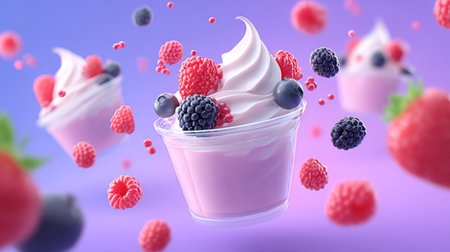 Frozen yogurt cups elegantly floating midair with fresh berries. Generative AIの素材