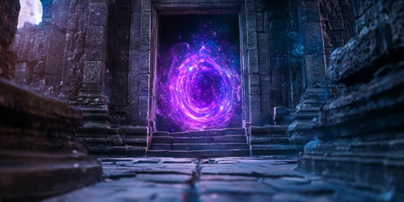 Ethereal portal in a dark ancient temple, pulsating with purple and blue magical light. Generative AIの素材