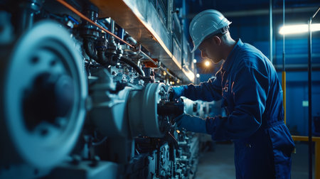Repairman maintaining an industrial generator, checking mechanical components. Generative AIの素材