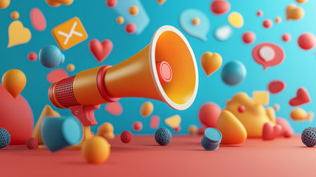 colorful megaphone surrounded by social media icons, representing digital marketing, online communication. Generative AIの素材