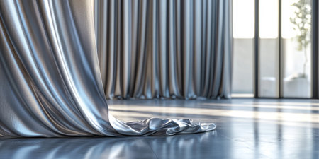 Minimalist modern space with silver satin drapes, diffused natural light, and a serene atmosphere. Generative AIの素材