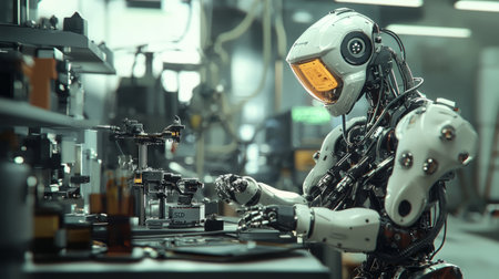 Futuristic humanoid robots with mechanical hands and AI-driven technology performing tasks in a high-tech laboratory. Generative AIの素材