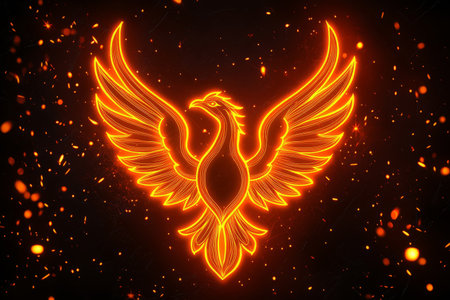 Glowing Phoenix Icon - A vibrant orange neon phoenix outline on a black surface, symbolizing rebirth. Generative AIの素材