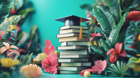 stack of books gently piling up with a graduation cap appearing on top. Generative AIの素材