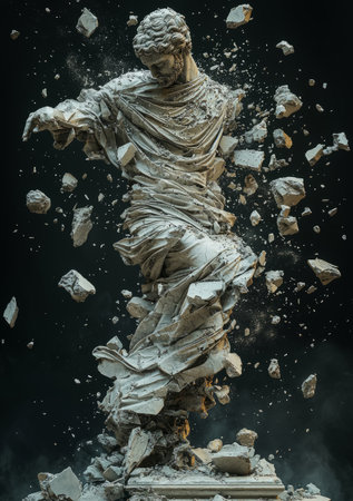 Dynamic transition of a crumbling statue reforming into a dancing figure, stone shards. Generative AIの素材