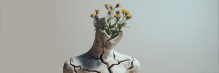 abstract grief visualization, fragmented sculpture of a human with flowers growing through the cracks, symbolizing healing through pain. Generative AIの素材