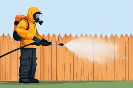 worker wearing protective gloves uses a power washer to clean a wooden fence, removing dirt and grime, highlighting home maintenance. Generative AIの素材
