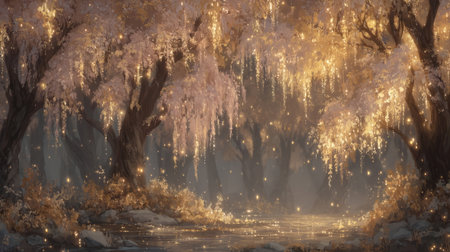 Fantasy forest illuminated by glowing fireflies and magical light, with colorful autumn trees and mystical atmosphere in soft tones. Generative AIの素材
