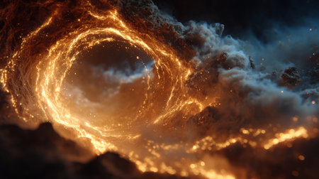 Fantasy portal glowing in radiant gold, with swirling trails of luminous light weaving through a smoky atmosphere. Generative AIの素材