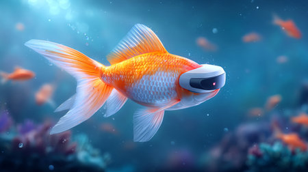 goldfish wearing VR goggles, experiencing a virtual ocean environment. Generative AIの素材