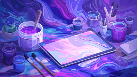 studio with paintbrushes, tablet, and swirling ambient paint textures. Generative AIの素材