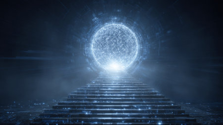 conceptual startup launch theme, glowing steps ascending floating light orb, surrounded by tech grids. Generative AIの素材