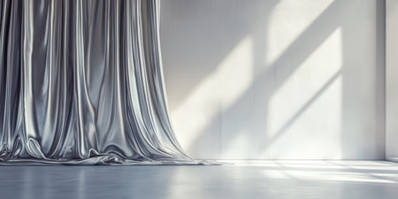 Minimalist modern space with silver satin drapes, diffused natural light, and a serene atmosphere. Generative AIの素材