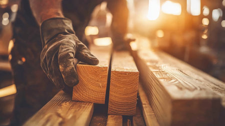Professional builder assembling wooden beams for a new house construction project. Generative AIの素材