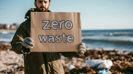 Person holding a sign promoting zero waste on beach, cleanup event. Generative AIの素材