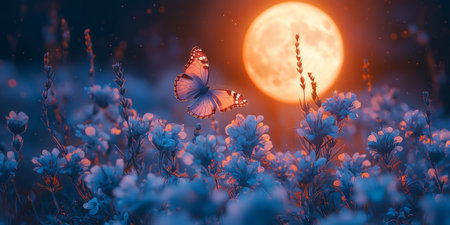 soft lavender night sky with a glowing moon, where butterflies flutter around silver-blue flowers under the moonlight. Generative AIの素材