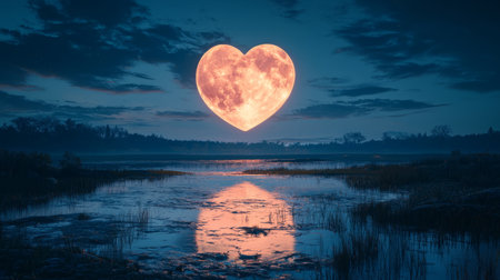 Massive heart-shaped moon glowing softly over a romantic landscape. Generative AIの素材